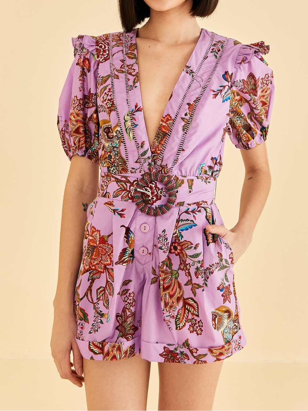 FARM RIO Lilac Floral Monkey Short Sleeve Romper Size XS NWT